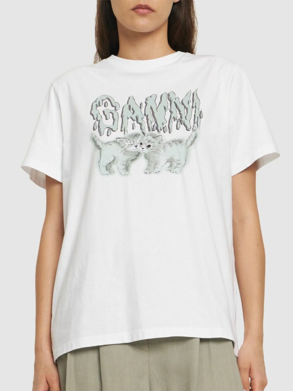 GANNI Love Cats Relaxed White Jersey T-shirt